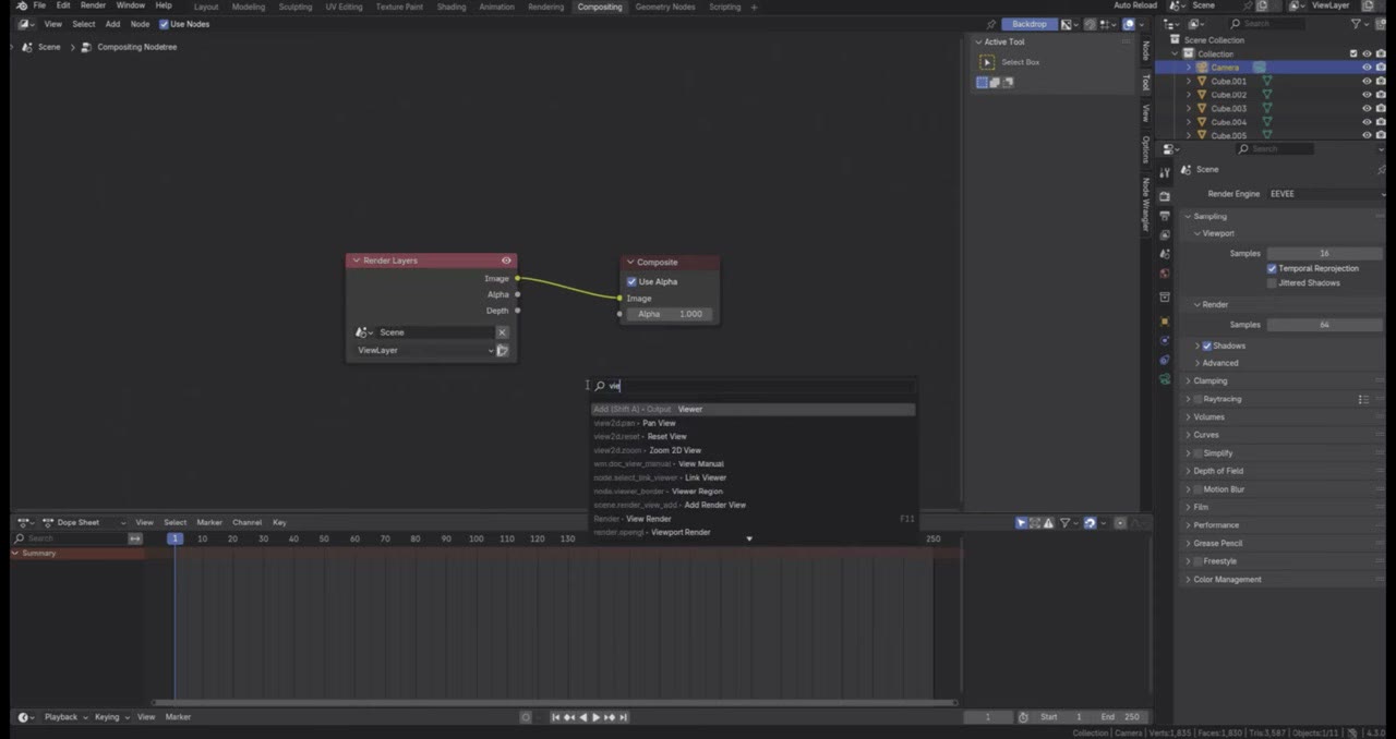 Blender's compositor with Render Layers depth feeding a Map Range node and a grey depth preview of the room