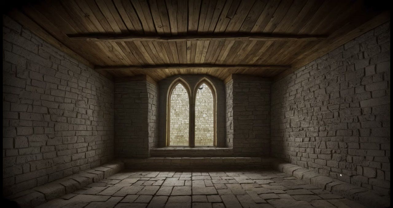 A medieval room with brick walls, a wooden beamed ceiling, a stone floor and a double gothic window