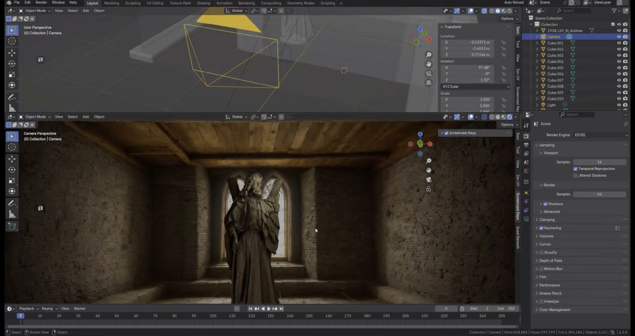 A Blender camera view of a stone statue of a saint inside a medieval room with brick walls, a wooden ceiling and a gothic window, the room generated with Stable Diffusion