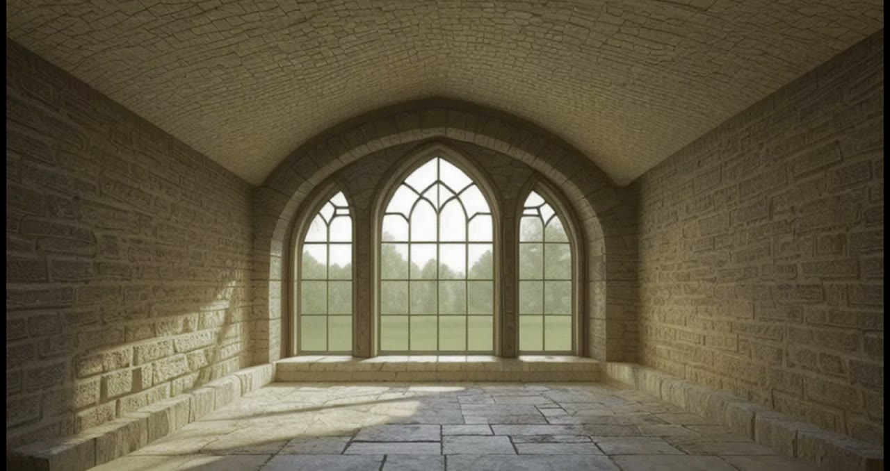 A pale stone vaulted room with a tall triple gothic window looking out on green trees