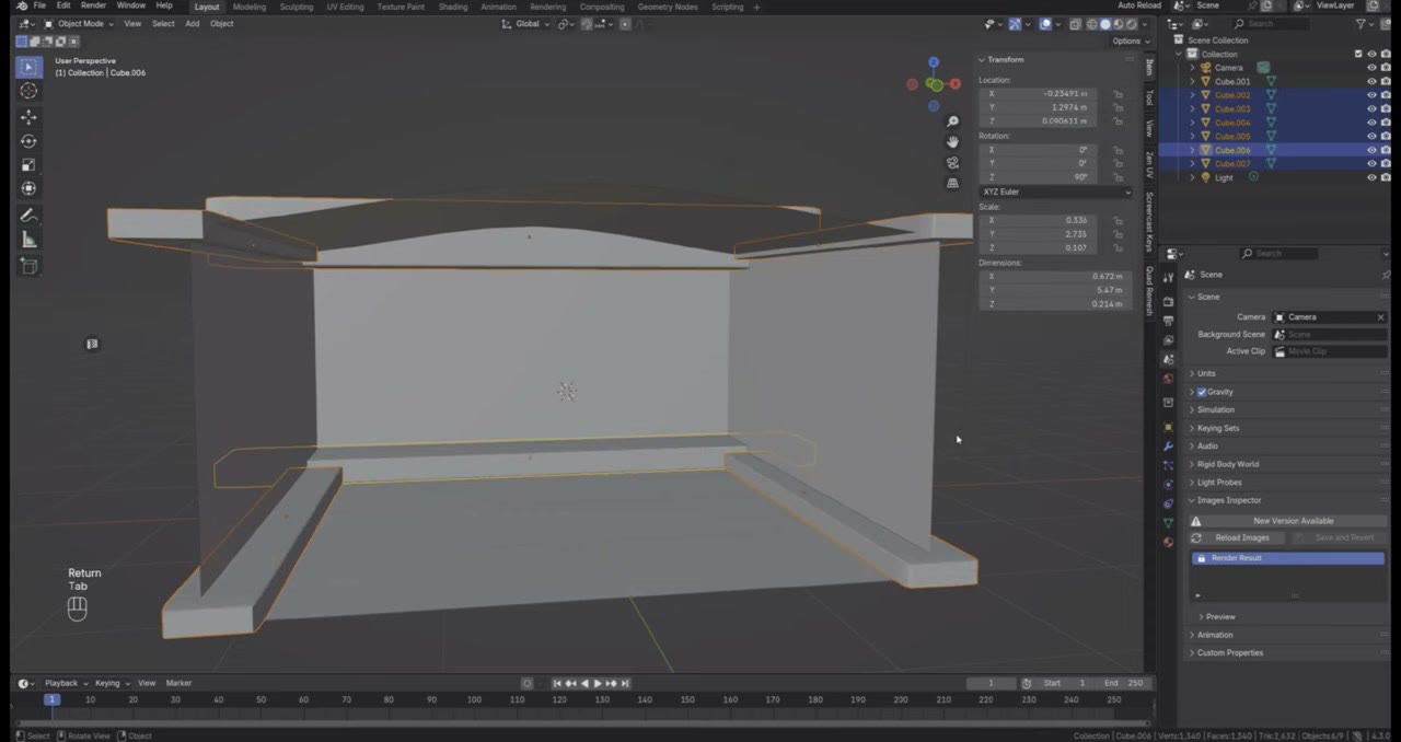 A grey Blender blockout of a room with an arched ceiling and simple box decorations