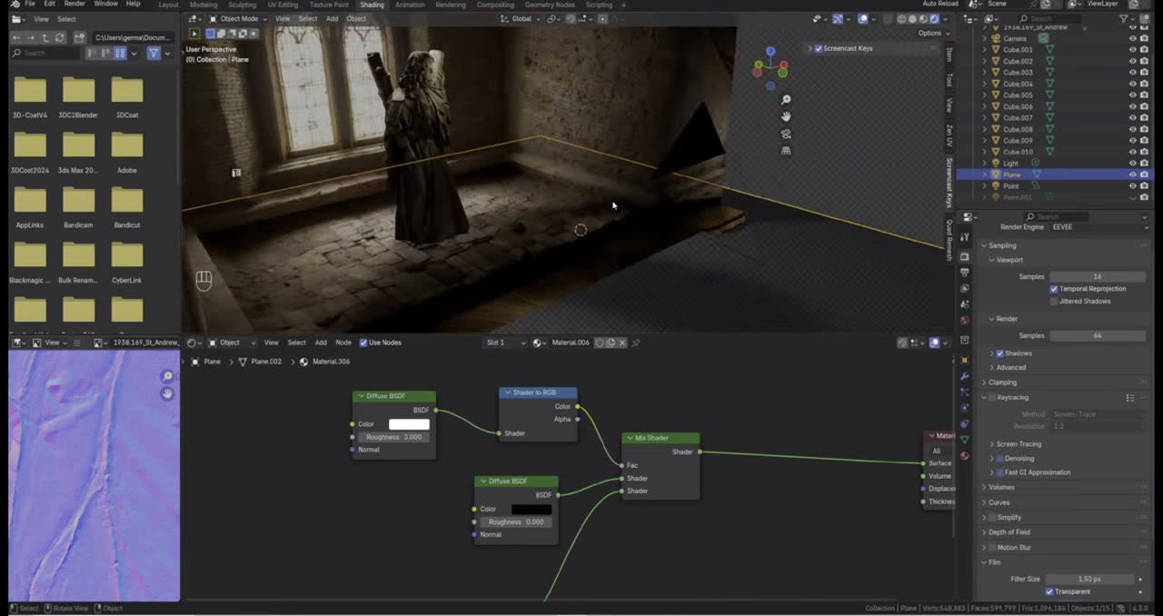 Shader nodes for the shadow catcher: Diffuse BSDF into Shader to RGB driving a Mix Shader between a transparent and a diffuse shader, with the statue in the viewport above