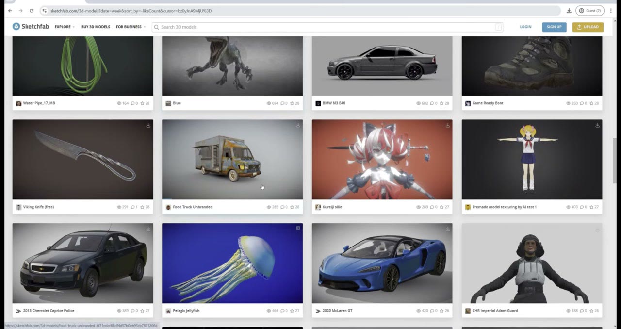 Sketchfab search results showing a grid of 3D models