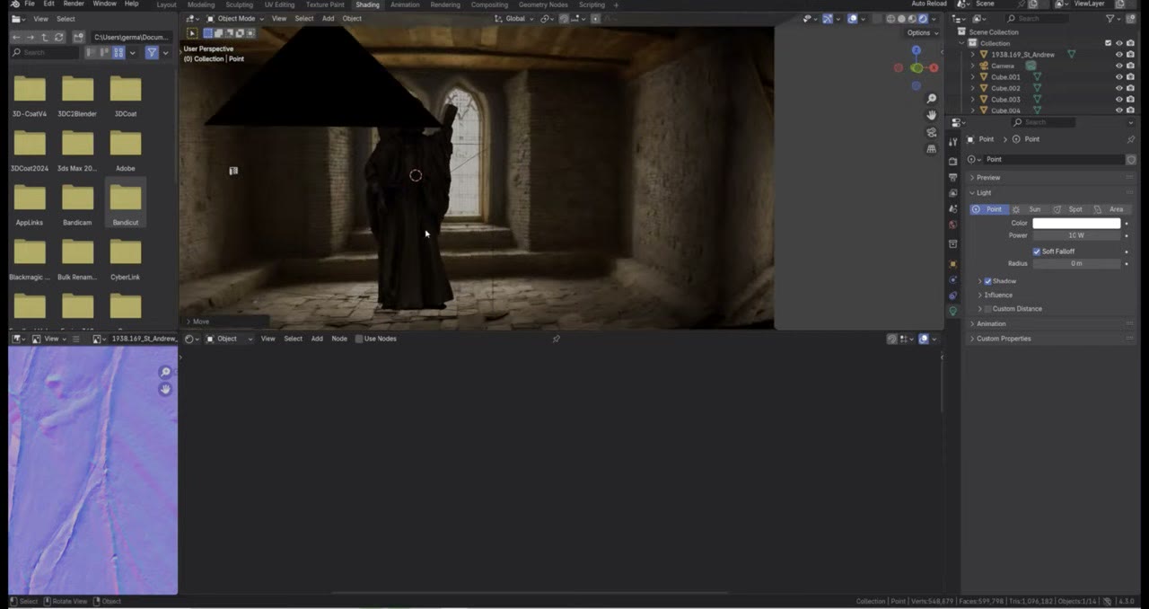 The imported statue standing in the projected room in Blender's viewport, still dark and unlit, with a light being placed
