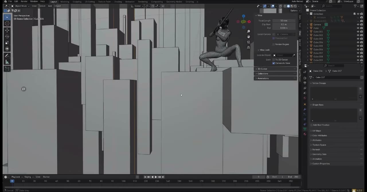 Blender viewport showing a city of grey boxes with the posed character crouching on a rooftop