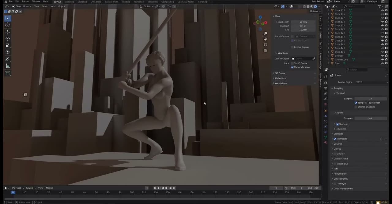 Close-up Eevee render of the grey character crouching with a cylinder as a lightsaber among tall boxes