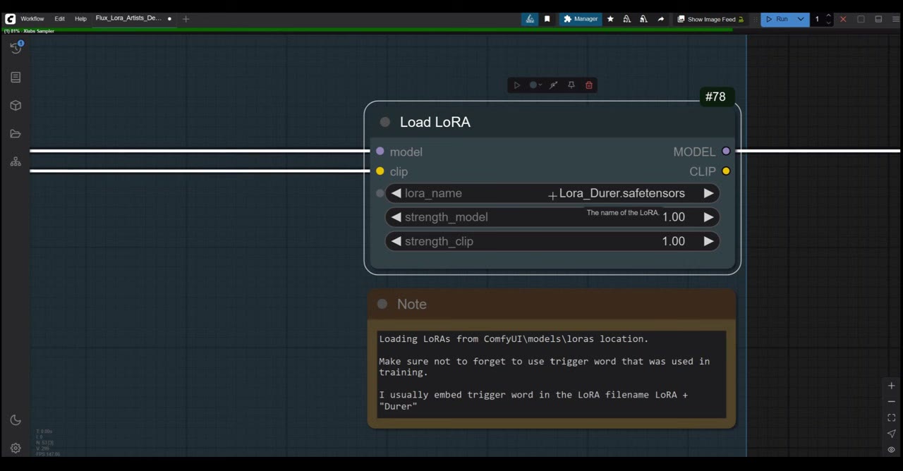 The Load LoRA node with the Dürer style LoRA at strength 1.0