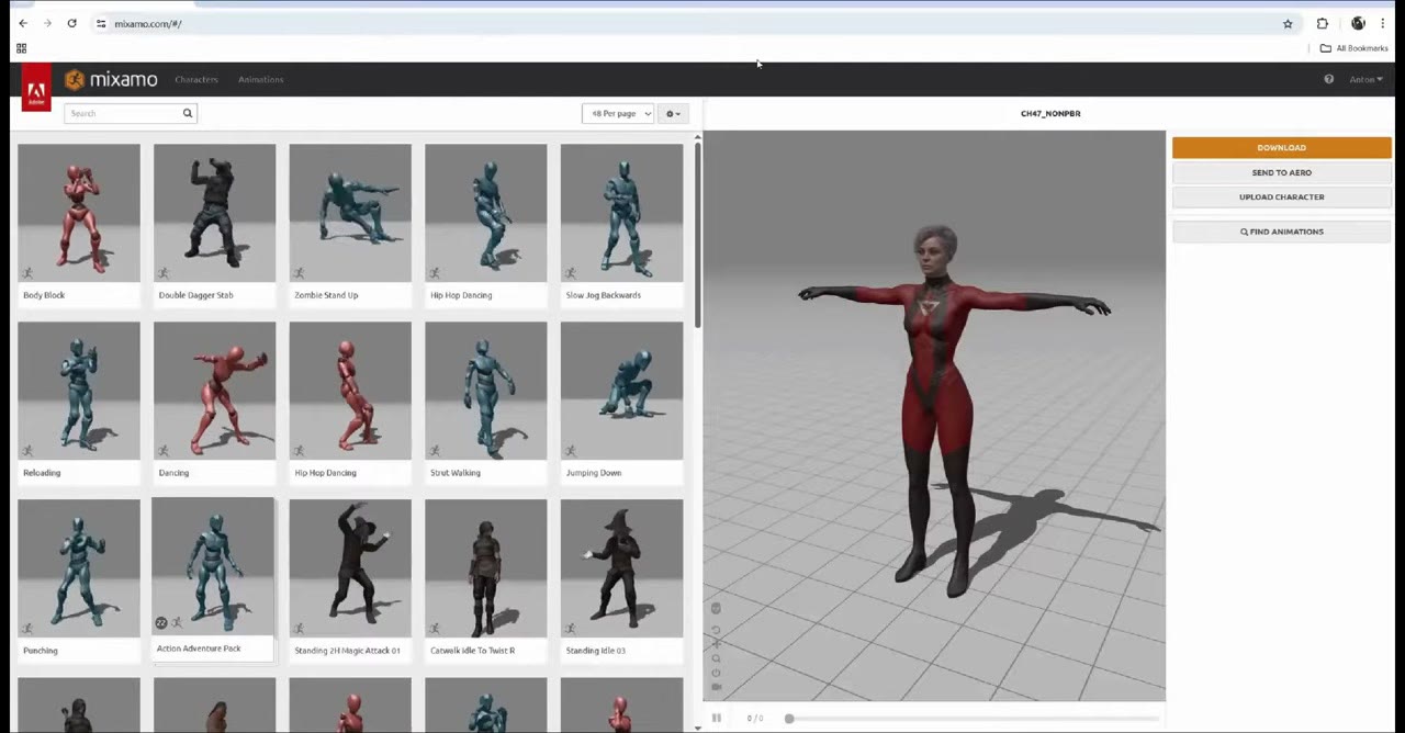 The Mixamo website with a grid of characters and one character shown in a T-pose