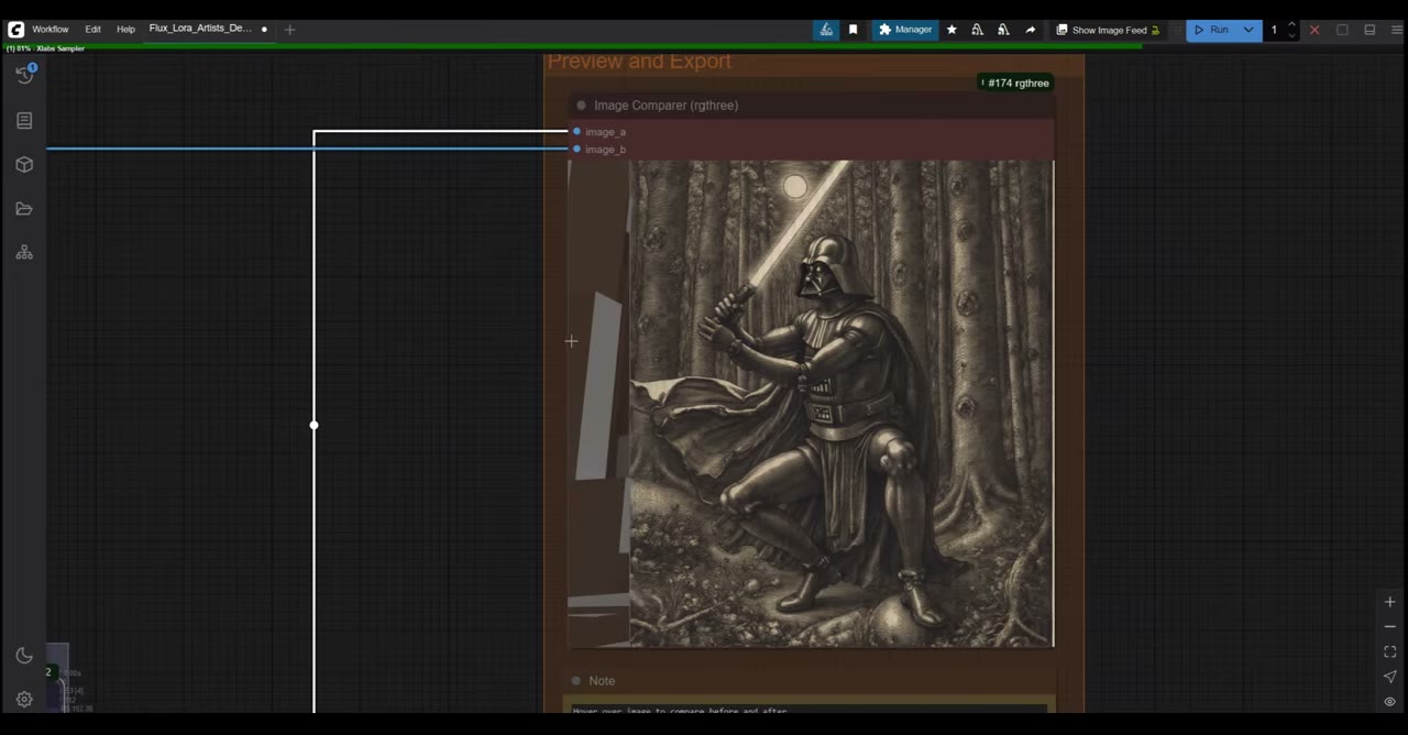 Darth Vader crouching with a lightsaber in a forest, rendered in Albrecht Dürer’s engraving style from a Blender blockout