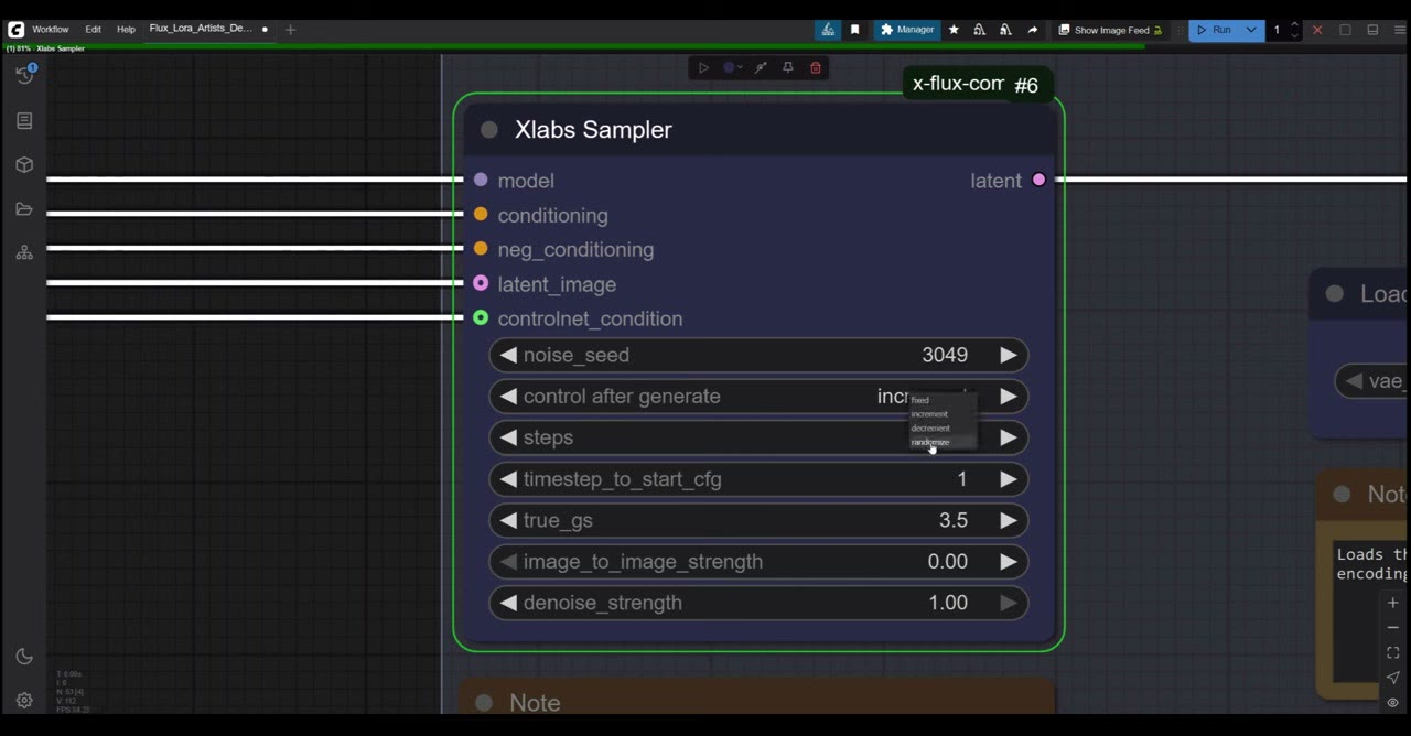 The XLabs Sampler node with its seed, step and guidance settings