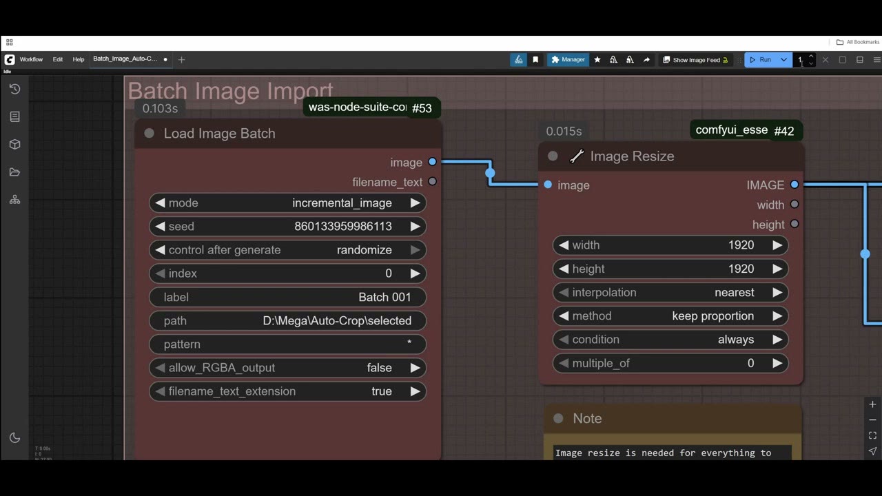 The Load Image Batch node set to incremental image with a folder path, and an Image Resize node
