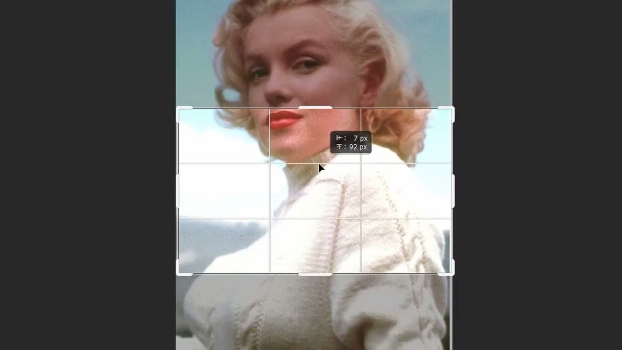 A vertical photo of Marilyn Monroe with a horizontal crop area placed around her face