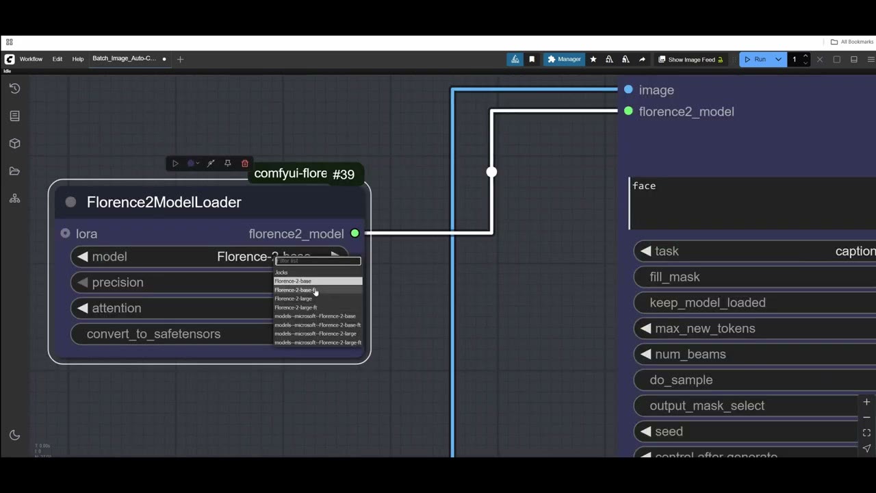 The Florence2ModelLoader node with its model dropdown open