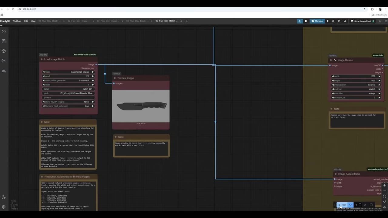 The Load Image Batch node with a preview of a blockout knife screenshot