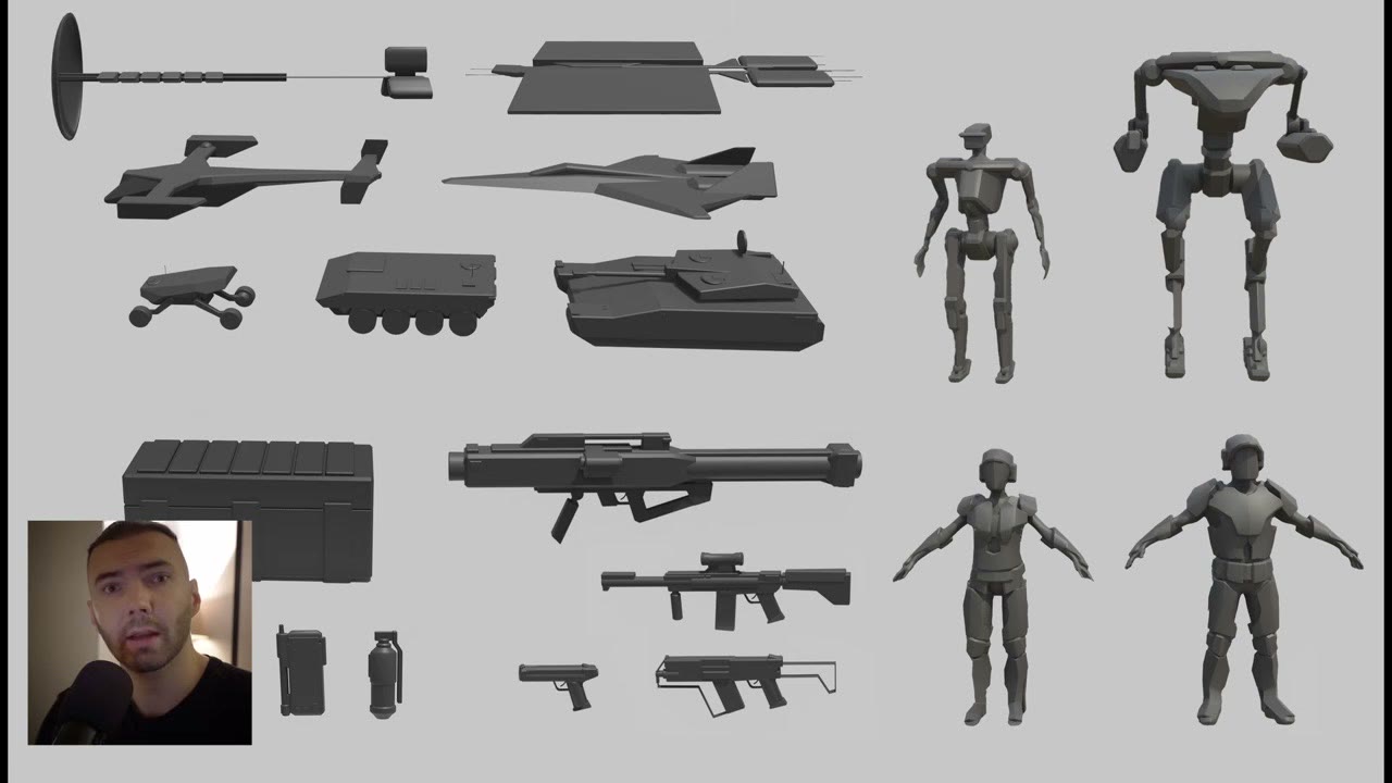 A set of grey 3D blockouts: guns, a shield, a dropship, a tank, crates, robots and soldier figures