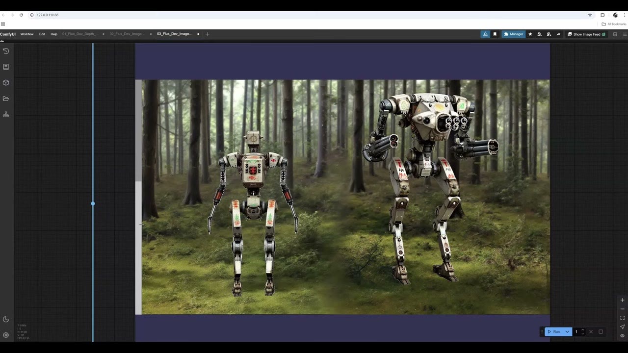 Two white combat robots standing in a misty forest, generated with a stacked prompt