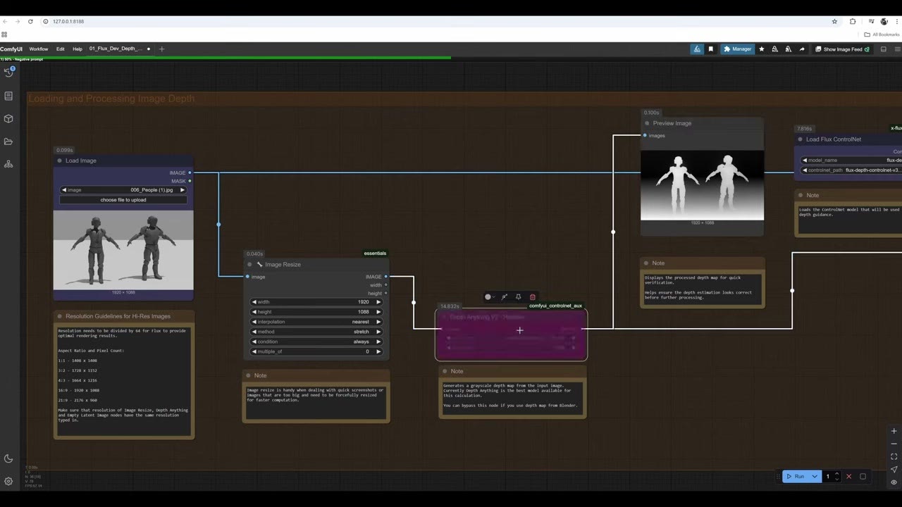 ComfyUI workflow with a screenshot of two blockout soldiers and its depth map