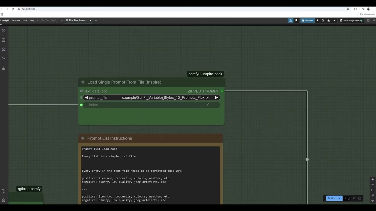 The Load Single Prompt From File node from the Inspire Pack, with a note showing the prompt list format