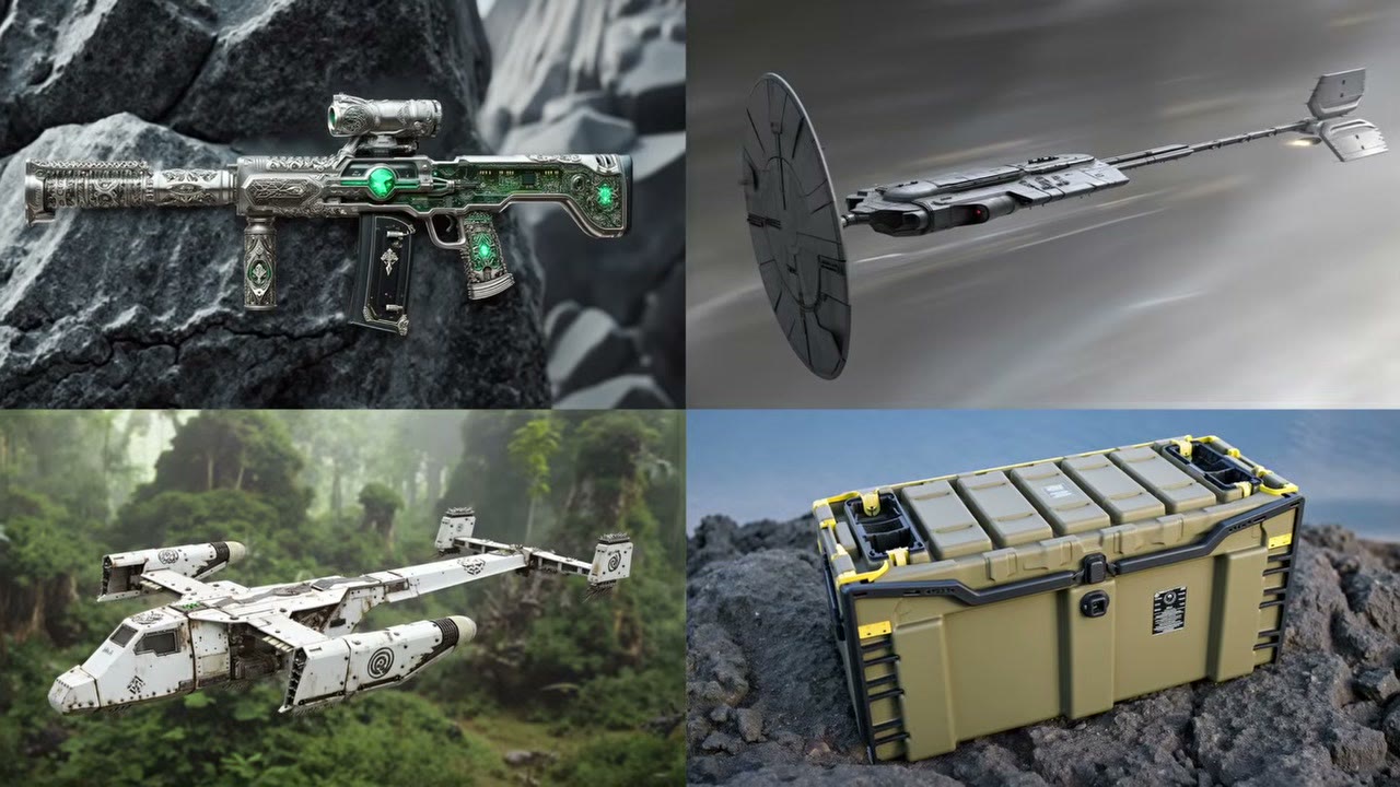 Four grey 3D blockout props (a rifle, a shield, a dropship and a crate) above the same props rendered as detailed concept art