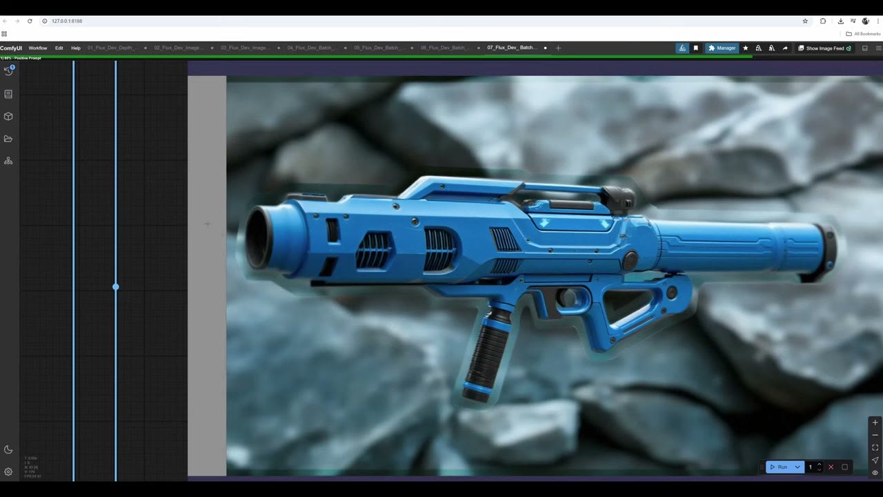 A blue sci-fi rocket launcher lying on grey Icelandic rocks
