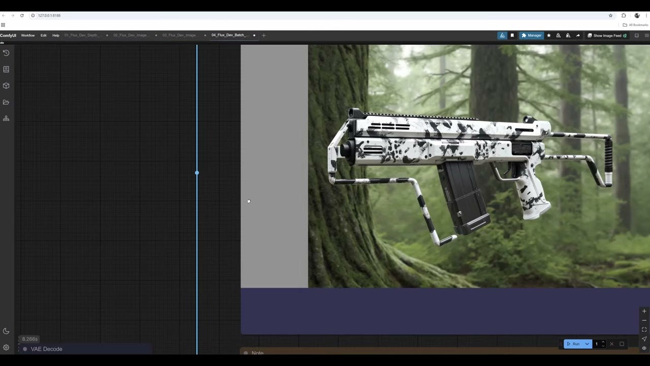A white and black sci-fi submachine gun against a tree in a forest