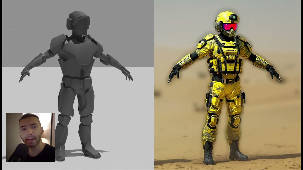 A grey blockout soldier next to the same soldier rendered in yellow armour
