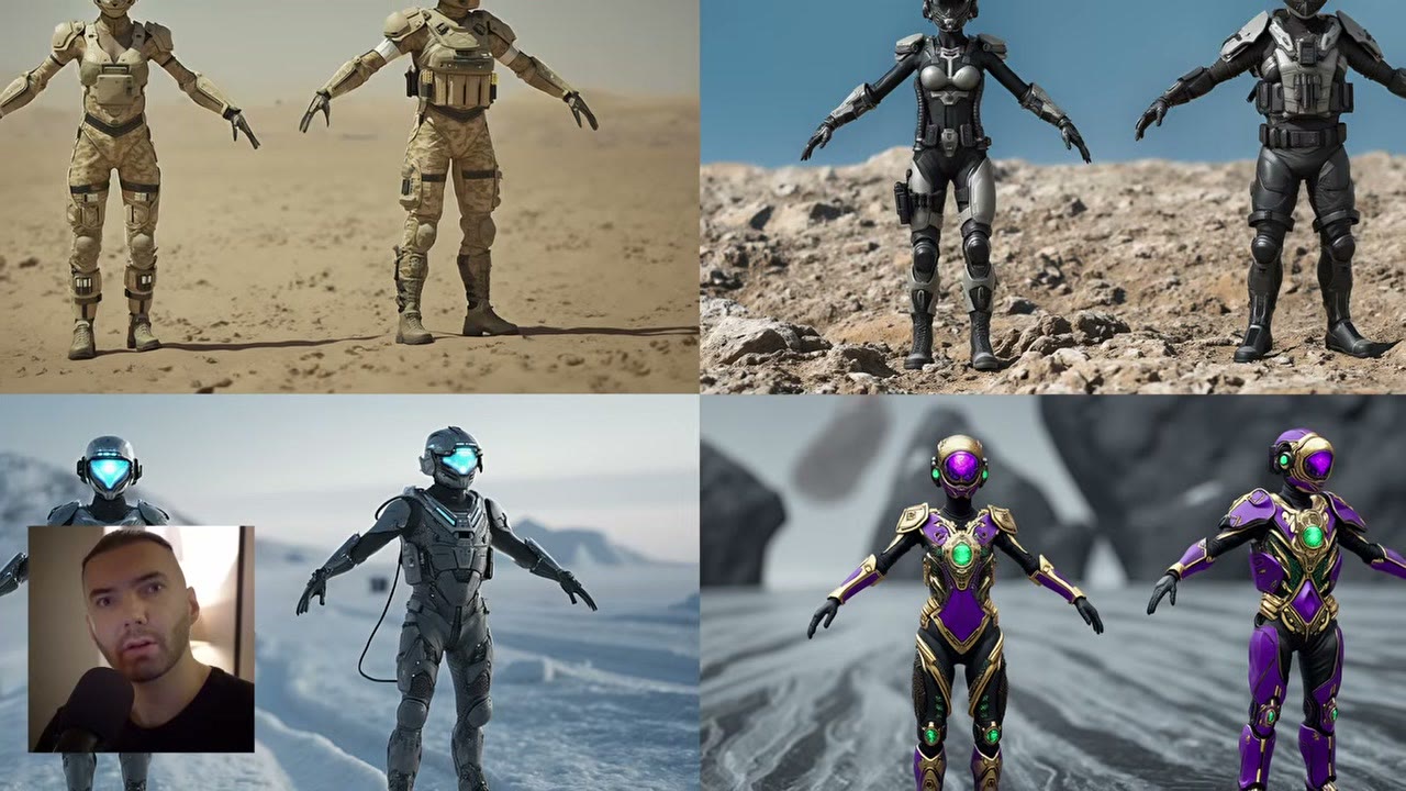 A grid of the same soldier rendered in many colour and material variations, in deserts and snow