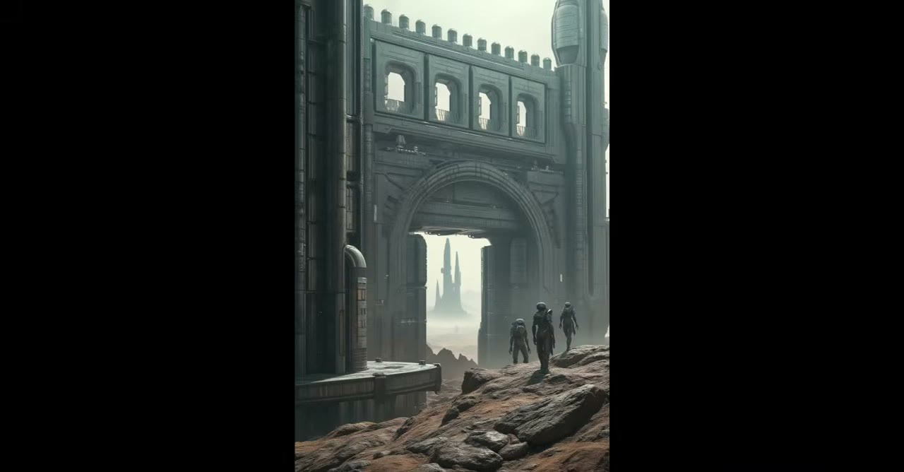 Sci-fi concept art of a fortified city gate, generated with Flux from a photo of an old desert town wall
