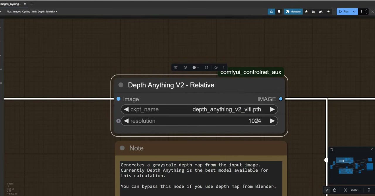 The Depth Anything V2 Relative node with the depth_anything_v2_vitl model and resolution 1024