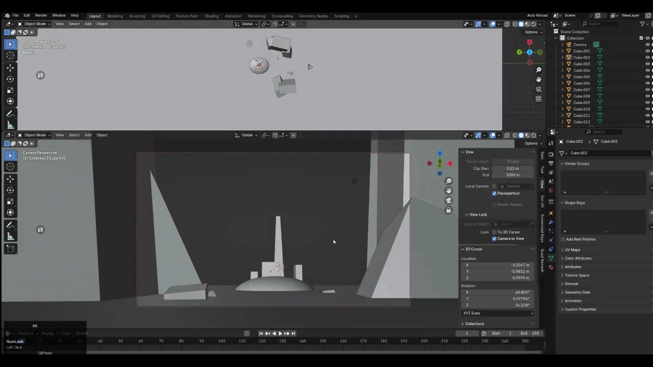 Blender with a grey blockout of tall box cliffs and a small sphere island with a box lighthouse, seen from the camera