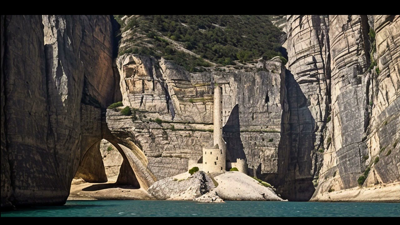 A pale stone tower and ruins in a canyon, with cliffs and a rock arch filling the whole background