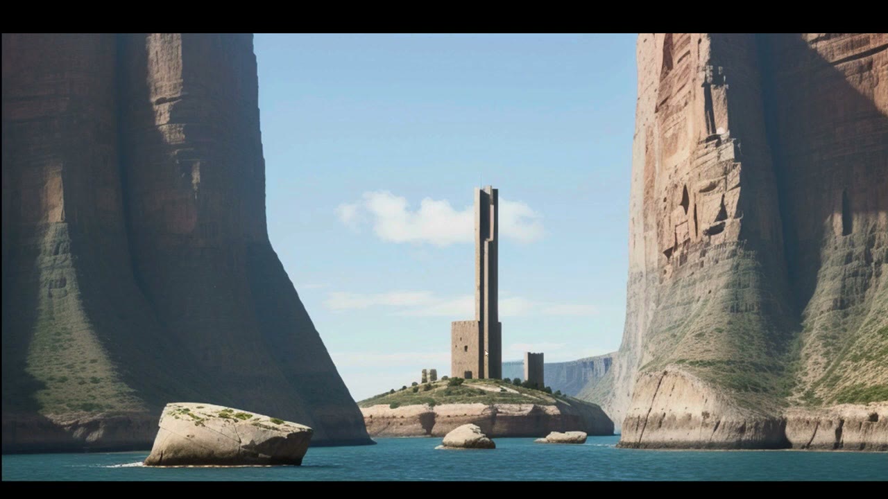 A tall, modern concrete tower on a green island between sheer canyon walls, with boulders in the water