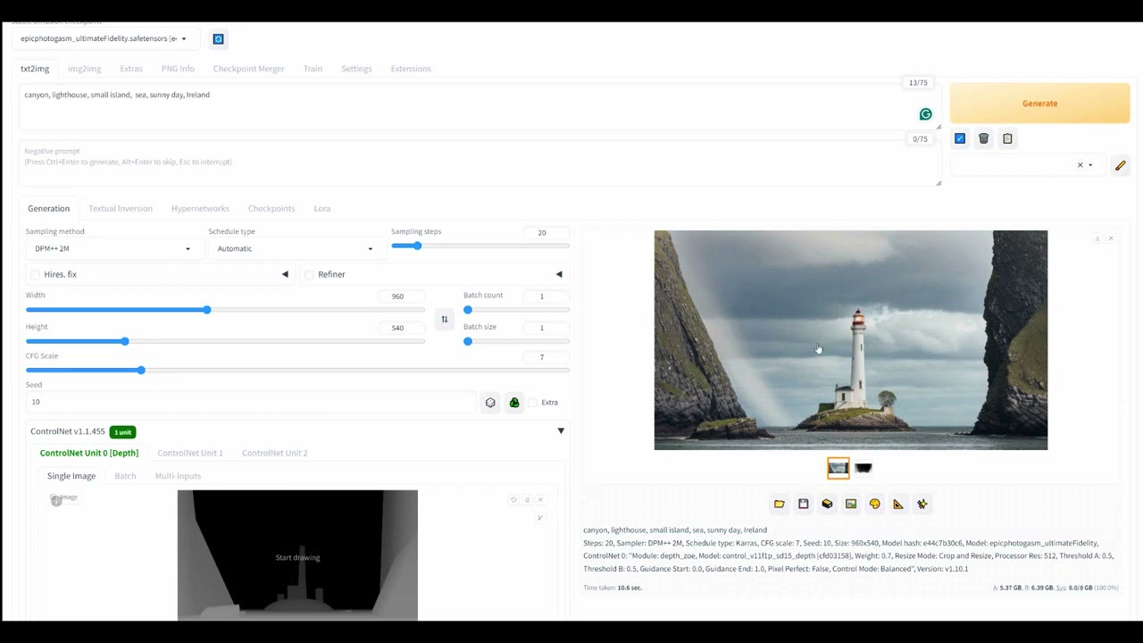 AUTOMATIC1111 txt2img with the prompt canyon, lighthouse, small island, sea, sunny day, Ireland, 960 by 540, seed 10, a depth ControlNet unit and the result: a white lighthouse between green cliffs