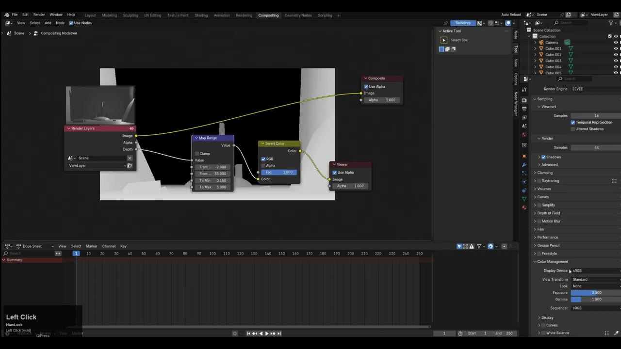 Blender's compositor with Render Layers depth feeding Map Range (from -2 and 55 to 0.15 and 3) and Invert Color, showing a grey-to-white depth image of the cliffs