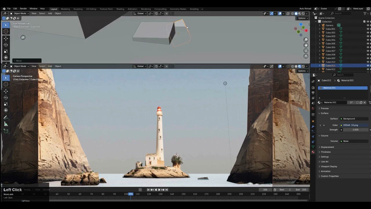 The projected lighthouse scene with flat, reflective water in the foreground