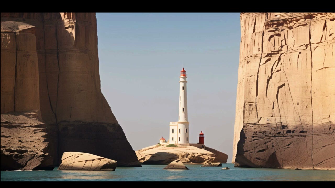 A white lighthouse on a rocky island between two tall sandstone cliffs on a sunny day