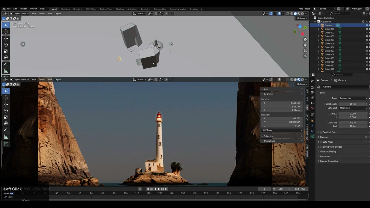 A Blender viewport showing a lighthouse on a rocky island between two sandstone cliffs, made by projecting an AI render onto simple blockout geometry