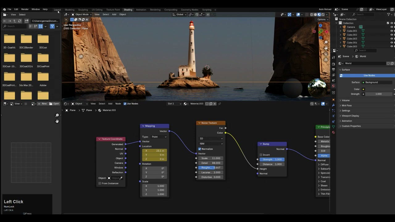 Blender's shader editor with Texture Coordinate, Mapping, Noise Texture and Bump nodes feeding a Principled BSDF, above a viewport with reflective water