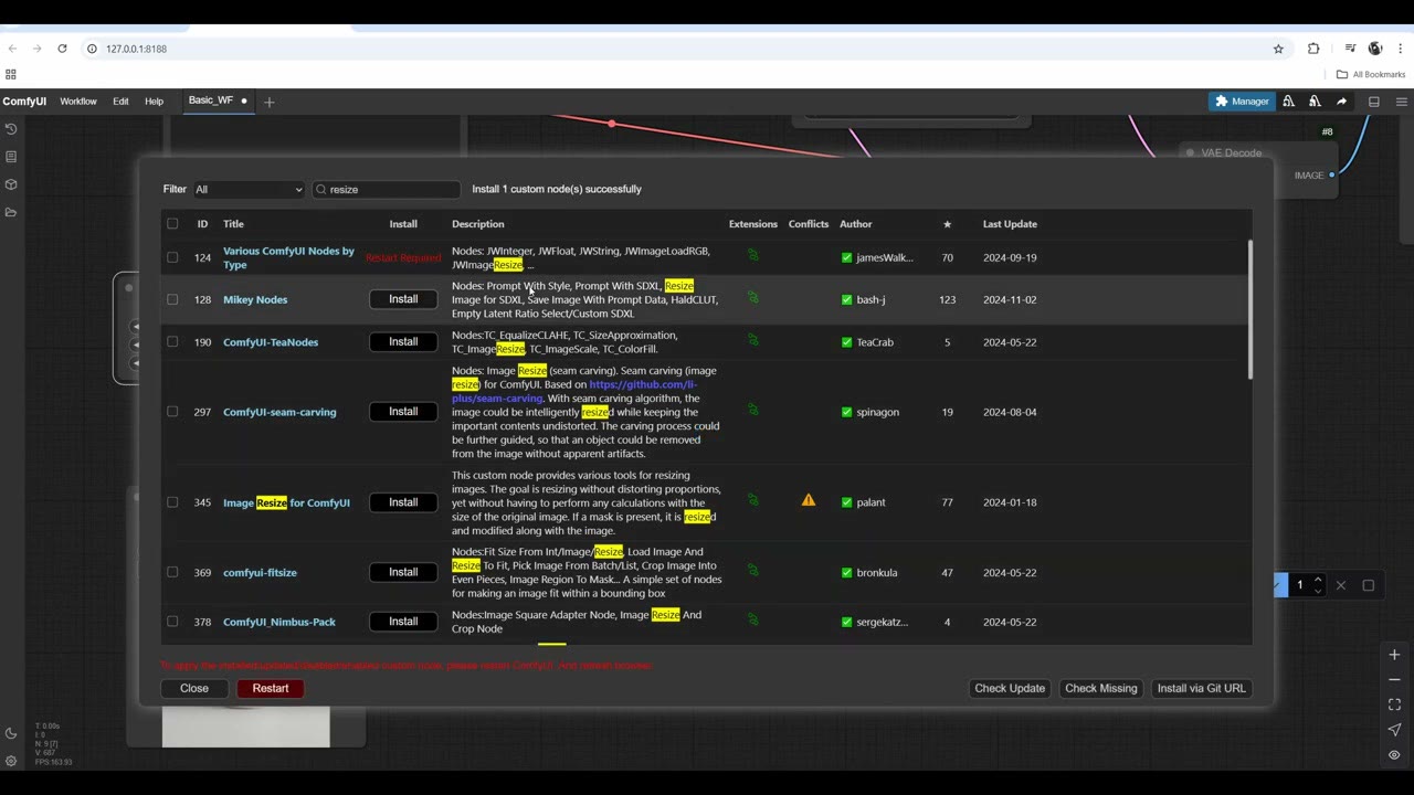 The ComfyUI Manager's custom nodes list filtered by resize, with Various ComfyUI Nodes by Type installed and a Restart button