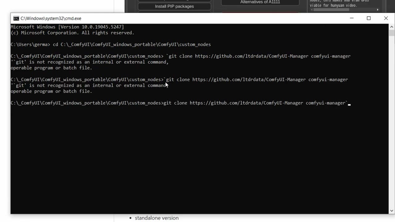 A Windows command prompt changing to the ComfyUI custom_nodes folder and running git clone for ComfyUI-Manager
