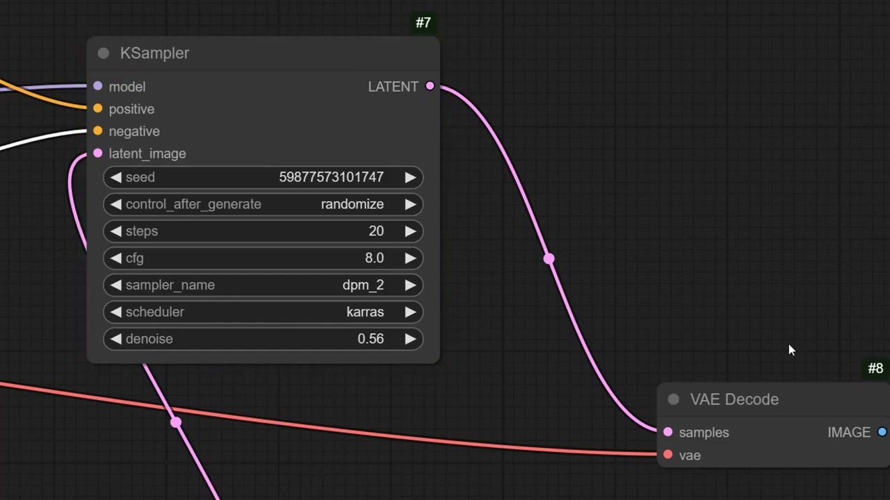 The KSampler with 20 steps, CFG 8, sampler dpm_2, scheduler karras and denoise 0.56
