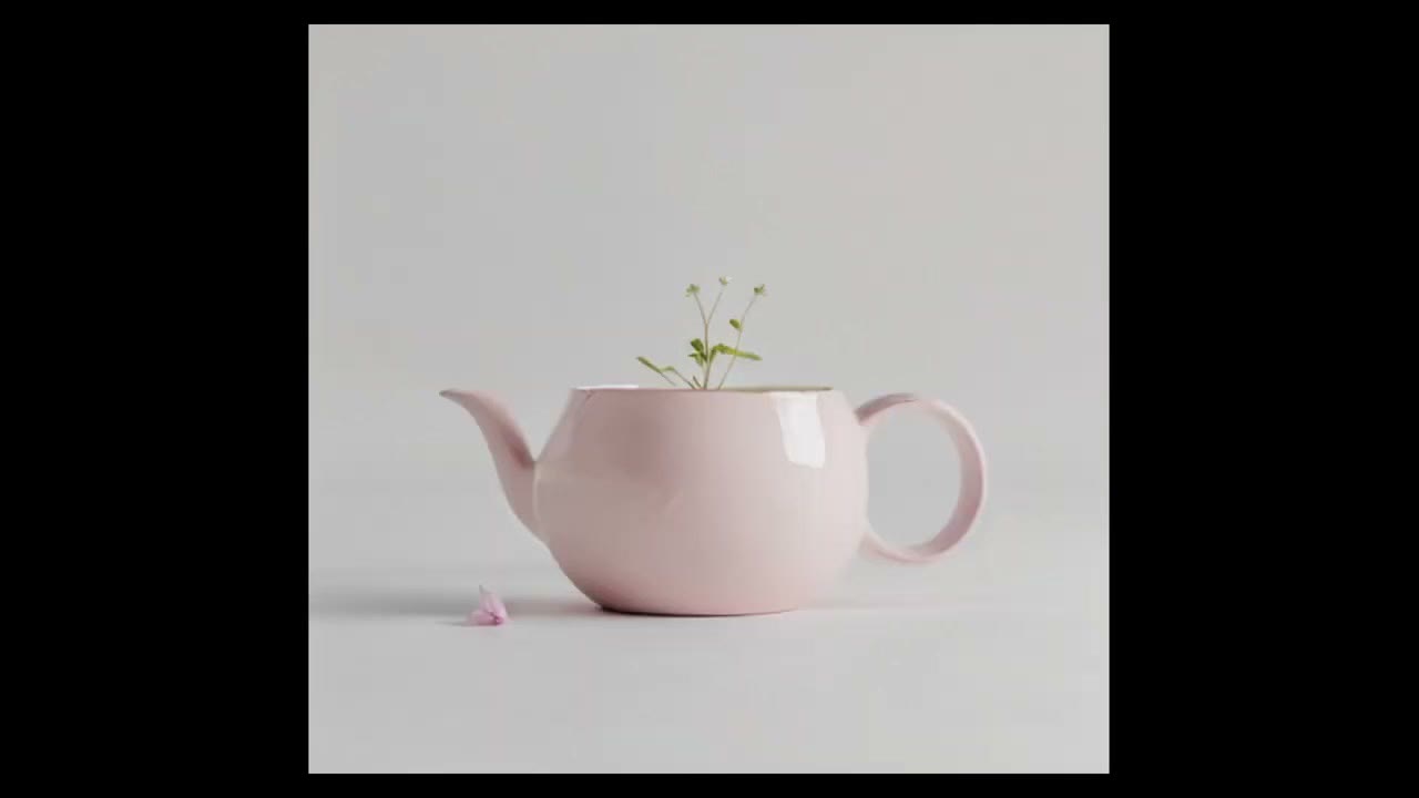 A pink teapot with a small green sprout coming out of the top