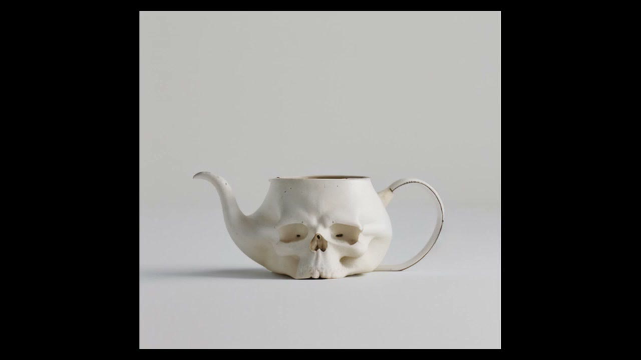 A white porcelain teapot shaped like a skull, generated by merging a teapot photo with a skull prompt