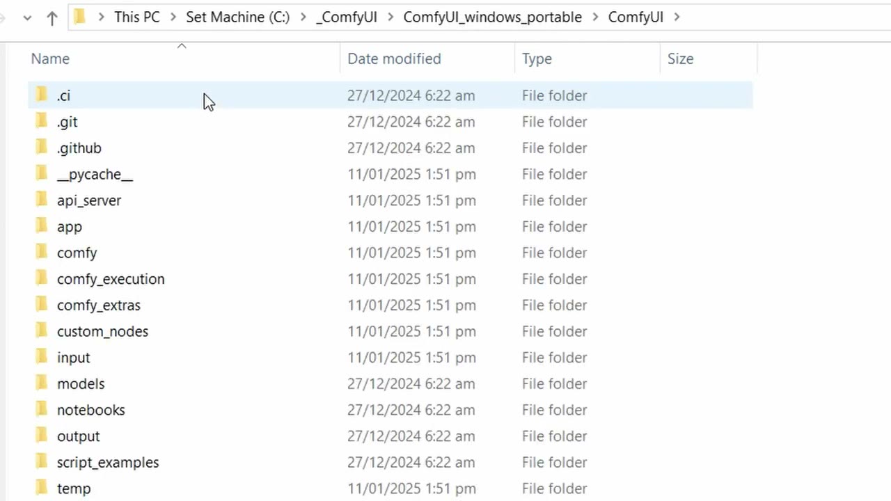 The ComfyUI portable folder in Windows Explorer, with folders including custom_nodes, models, input and output
