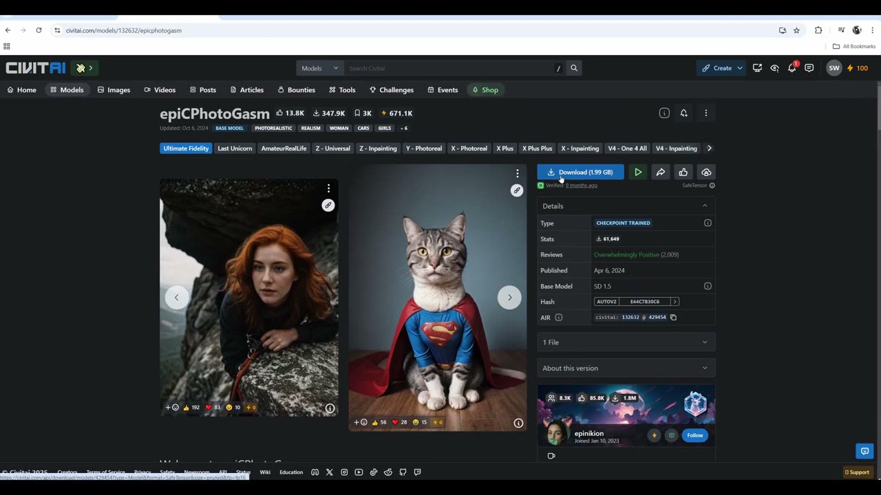The epiCPhotoGasm model page on Civitai with sample portraits and a download button