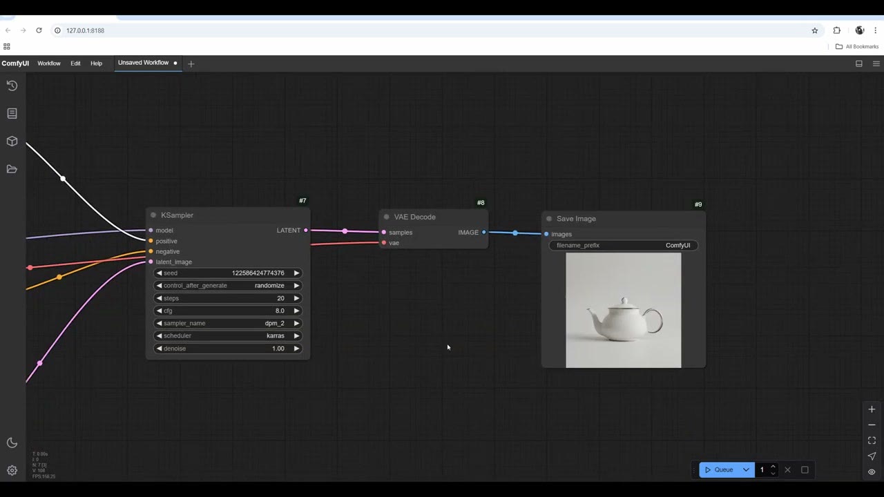 The KSampler with dpm_2 and karras feeding VAE Decode and Save Image, which shows a white teapot