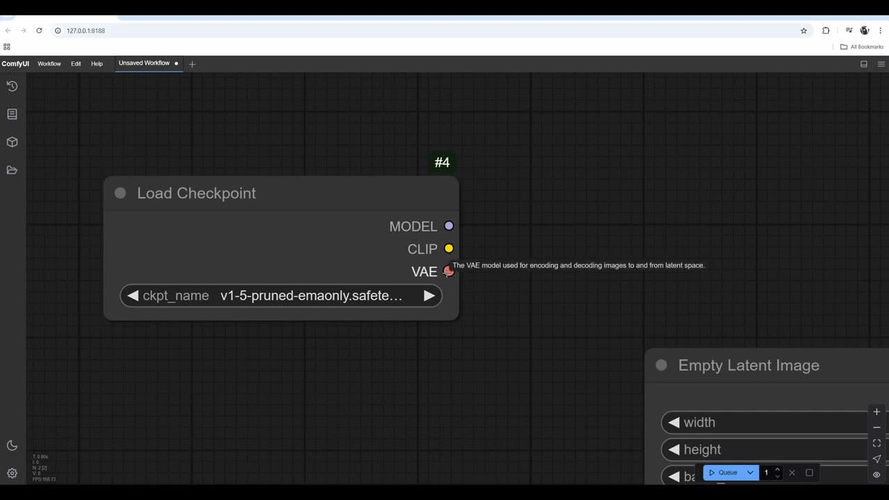 A Load Checkpoint node with MODEL, CLIP and VAE outputs and v1-5-pruned-emaonly selected