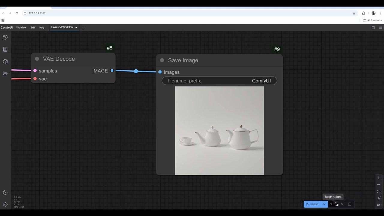The Save Image node showing a cup and two teapots on a white background, with the Batch Count tooltip next to the Queue button