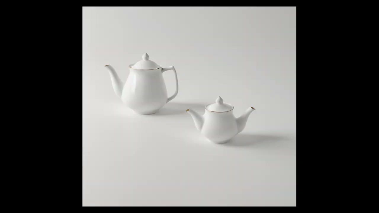 Two white porcelain teapots on a plain white background, generated with Stable Diffusion 1.5 in ComfyUI