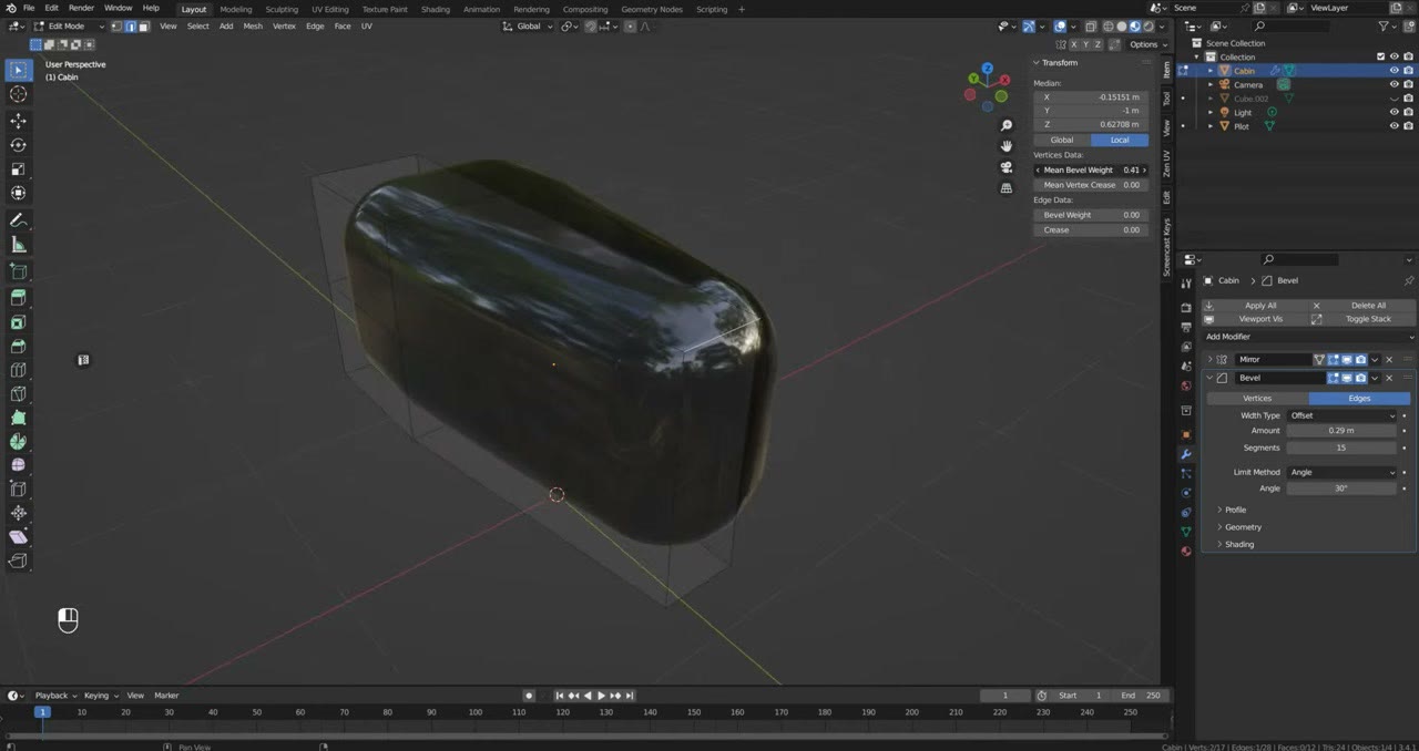 A glossy black, rounded capsule shape in an empty Blender viewport